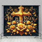 Aperturee - Aperturee Navy Gold Luxury Cross Floral Easter Photo Backdrop